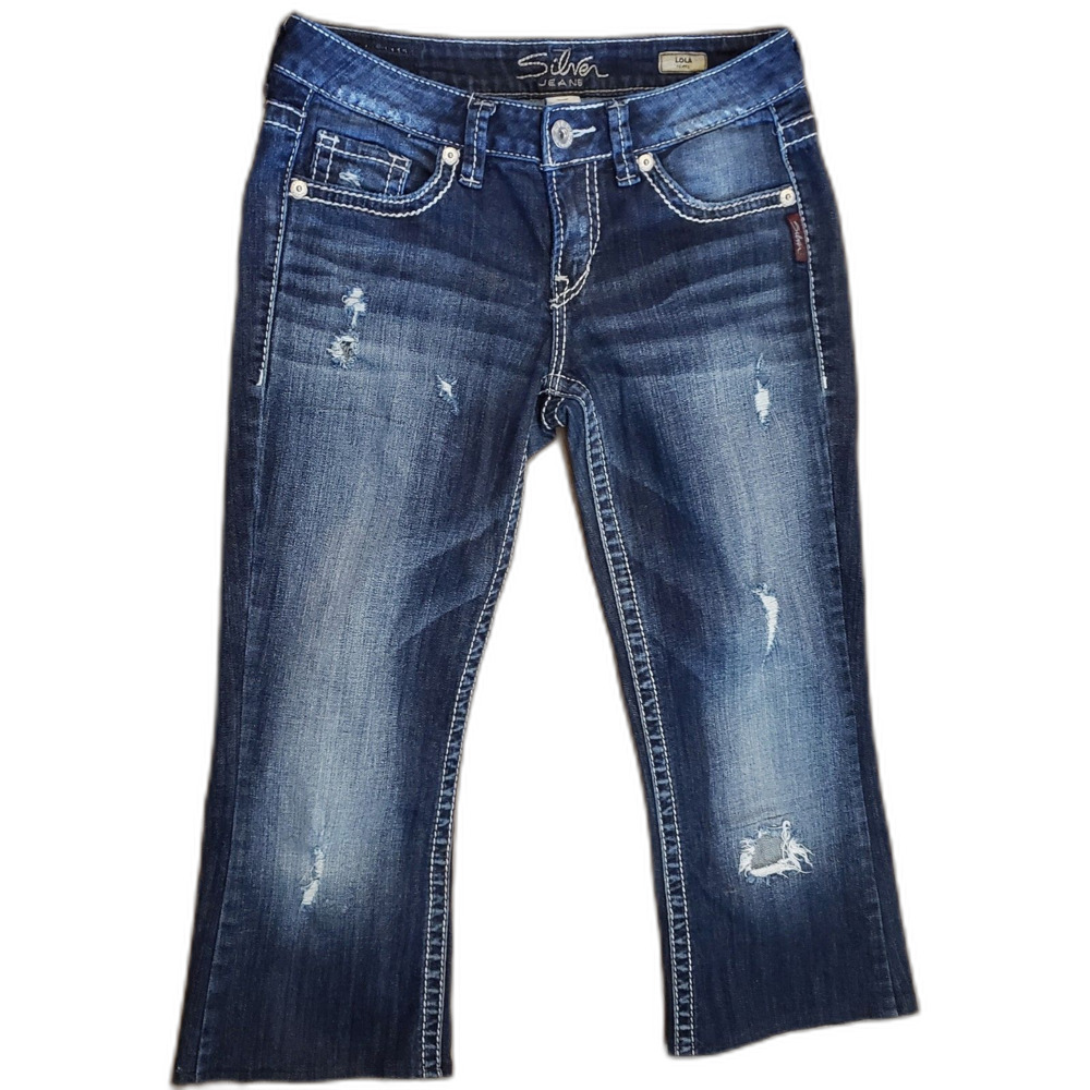 Silver Jeans Womens Acid Wash Lola Flare Dark Distressed Retro Sz. 28 Cropped